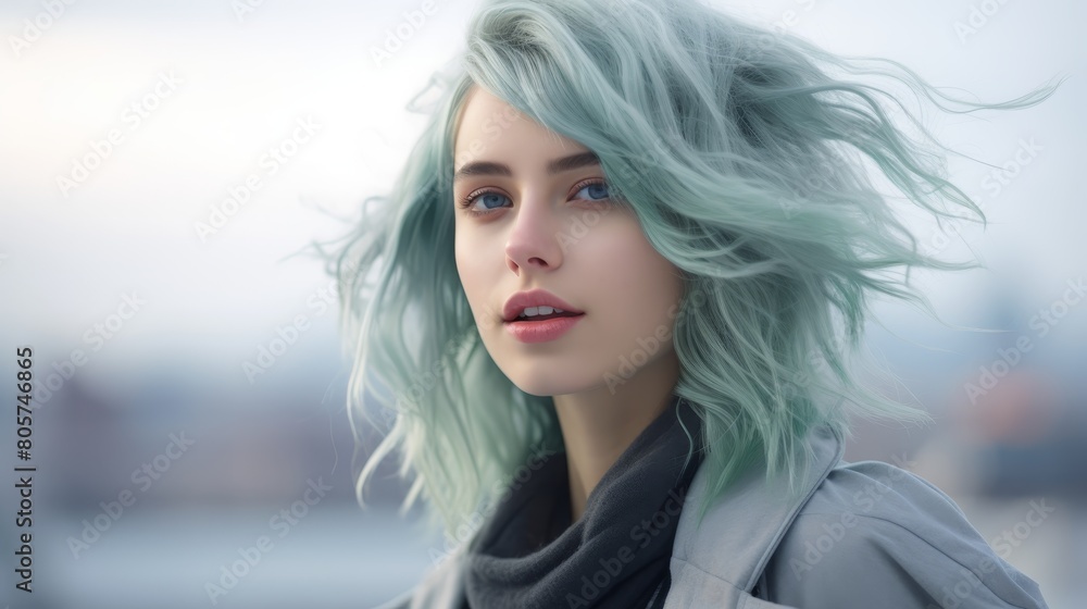 Windy day portrait of woman with blue-green hair Windy day portrait of woman with blue-green hair