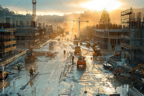 A busy construction site with workers, bulldozers, and cranes. The sun is setting, casting a long shadow over the site. photo