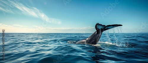 A portrait of a tail of an orca coming out of the blue sea with a big space for text or advertisement background, Generative AI.