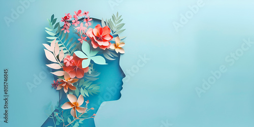 Background of 3D World mental health day concept Paper human silhouette of a woman's head with flowers © Muhammad