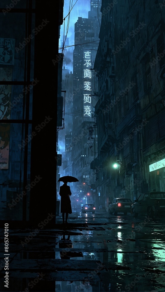 A person with an umbrella stands on a rainy street at night, surrounded by towering skyscrapers