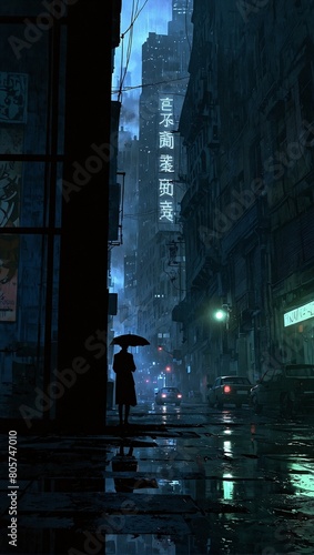 A person with an umbrella stands on a rainy street at night  surrounded by towering skyscrapers