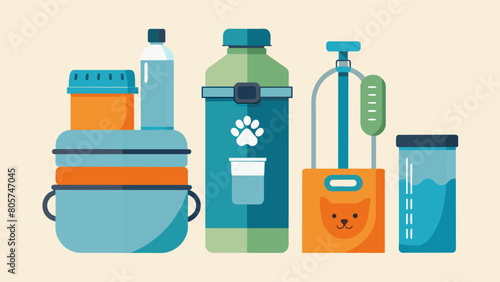 An allinone hydration kit including a bottle collapsible bowl and waste bag dispenser making it the ultimate pet owners companion.. Vector illustration photo