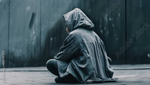 Side view of Homeless person in hood sitting on street. photo