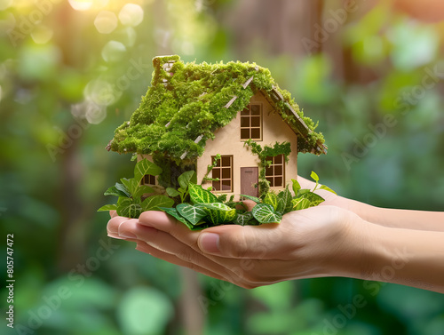 Hand holding green home and eco-friendly construction conceptual, ecology and sustainability concept. World environment day.