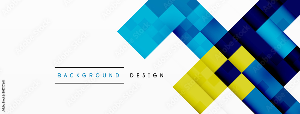 A creative arts piece featuring a pattern of rectangles and triangles in shades of azure, aqua, electric blue, and magenta on a white background with a geometric design in blue and yellow squares A creative arts piece featuring a pattern of rectangles and triangles in shades of azure, aqua, electric blue, and magenta on a white background with a geometric design in blue and yellow squares