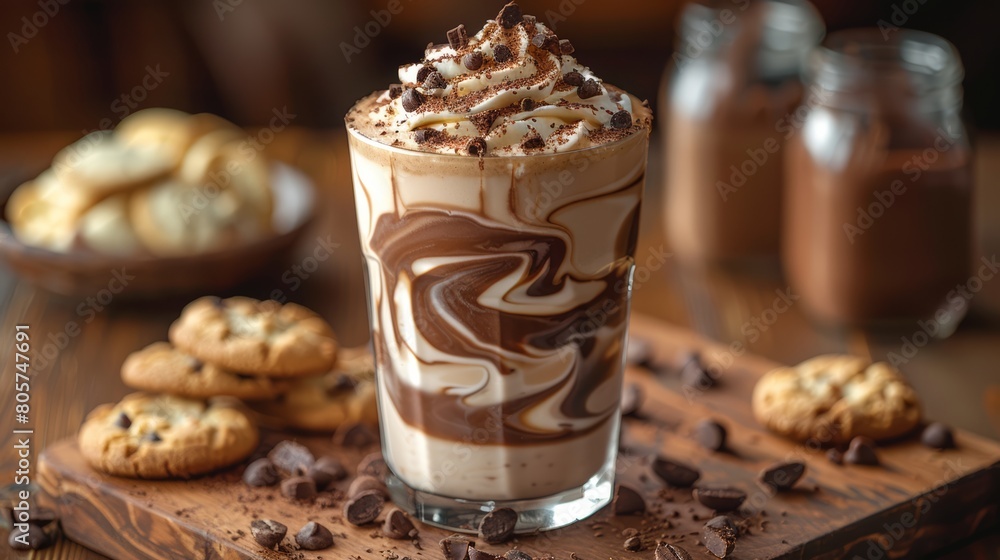 Chocolate and vanilla milk swirl, tall glass, dark and light contrast, cookies on side Chocolate and vanilla milk swirl, tall glass, dark and light contrast, cookies on side