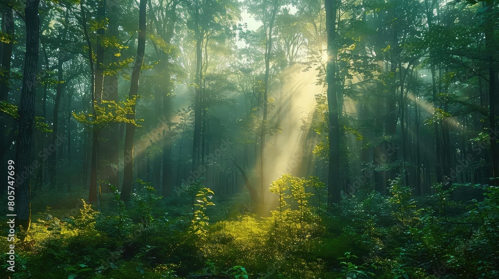 Fototapeta premium A beautiful morning in the forest. The sun is shining through the trees. The leaves are a lush green. The air is fresh and clean.