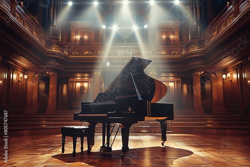 A grand piano set in a luxurious concert hall, spotlight highlighting its polished ebony surface, a scene of classical elegance photo