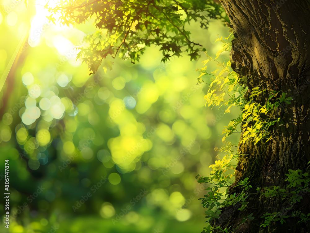 Obraz premium Scenic forest of fresh green deciduous trees in spring, with the sun shining warmly through the leaves. Nature of green leaf in garden at summer.