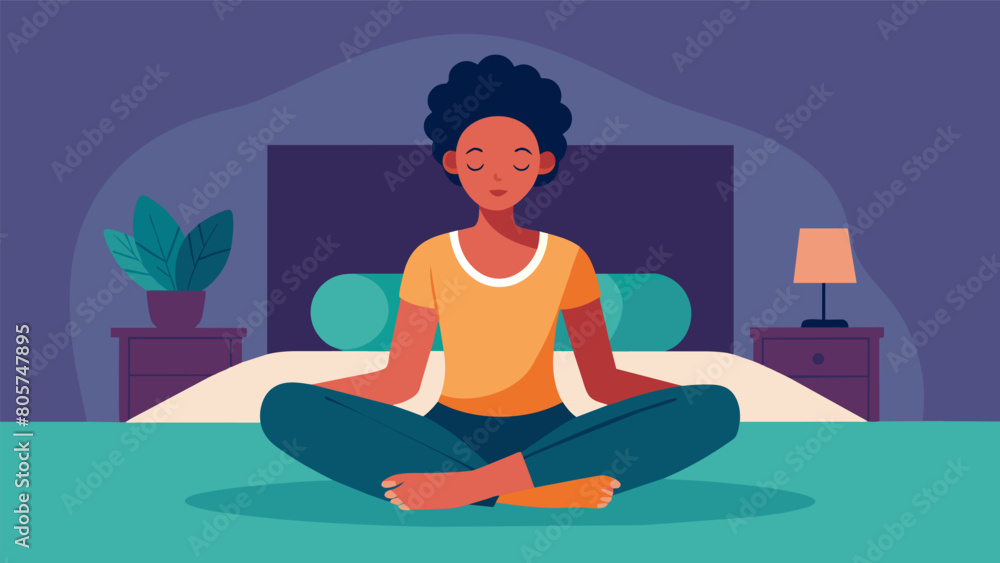 A person sits on their bed their legs extended and folded forward in the seated Forward Fold pose allowing their body to relax and their mind to. Vector illustration