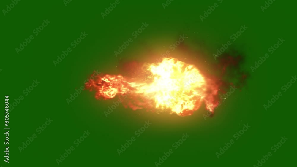 Continuous fire spray isolated on green screen background