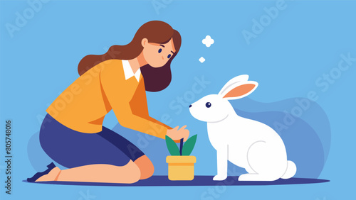 A woman placing a small discreet communication interpreter collar on her pet rabbit giving her a new level of understanding of her beloved bunny.. Vector illustration