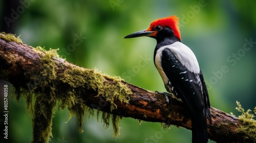 Colorful woodpecker perched on mossy branch