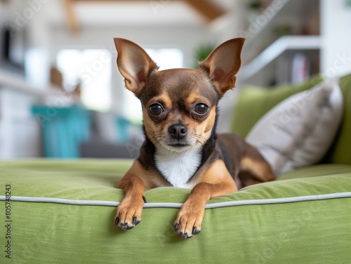 Adorable chihuahua dog sitting on green couch photo