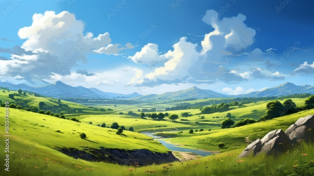 Fototapeta premium Scenic landscape with rolling hills, mountains, and a winding river