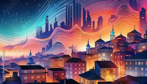 high quality, beautiful and fantastically designed silhouettes of colorful city buildings and landmarks due to gravitational waves, beautifully designed wavelengths photo
