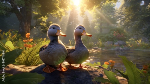 two ducks in a serene forest pond
