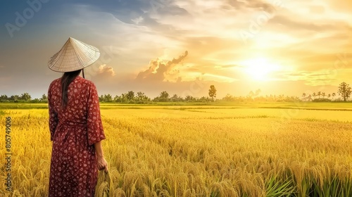 Amidst the rice field, an Asian woman stands as a guardian of tradition, her hands gently cradling the harvest that sustains generations photo