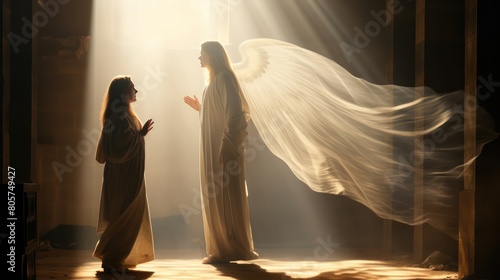 Woman on knees with outstretched hands receives Annunciation of Blessed Virgin Mary