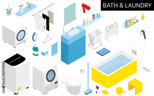 Isometric illustration of bath and laundry supplies needed for new life