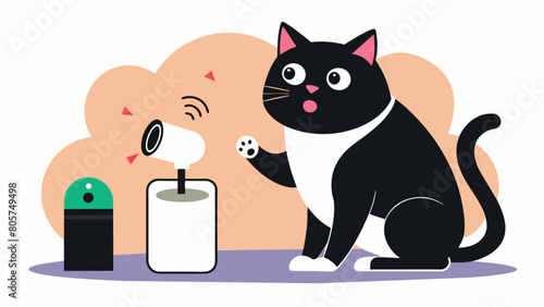 A meowing black and white cat observing intently as its owner demonstrates how to use the voiceactivated dispenser.. Vector illustration