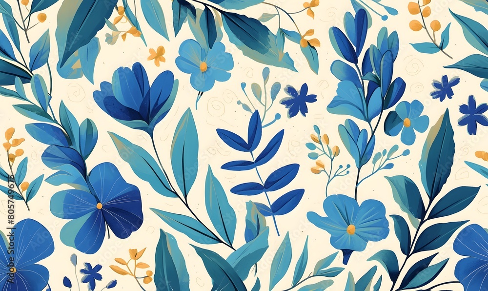 blue flower green leaf pattern, Generative AI blue flower green leaf pattern, Generative AI
