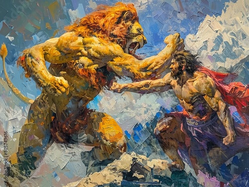 Aerial view of Hercules fighting the Nemean lion, rugged wilderness below , vibrant color photo