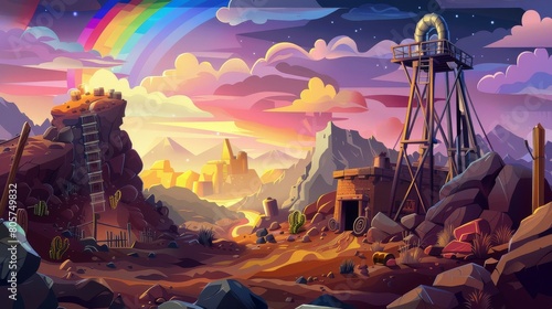 A vibrant illustration of a futuristic desert landscape with a rainbow and observatory photo