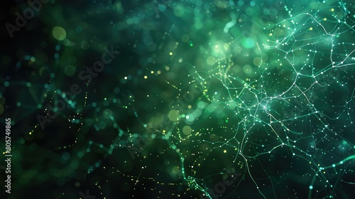 Abstract blue green technology background with a cyber network grid and connected particles. Artificial neurons, global data connections - Generative AI © Sana