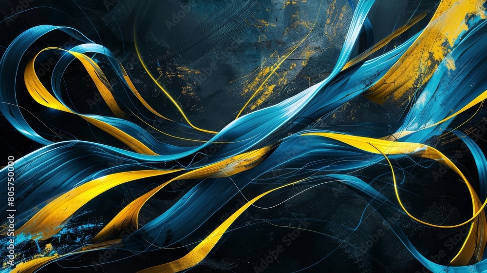 Obraz premium Blue and yellow ribbons of light elegantly intertwine on a dark blue background.