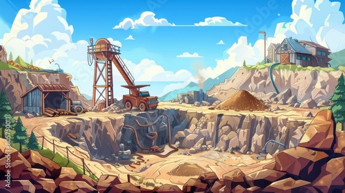 An animated quarry scene bathed in sunlight bustling with mining activity