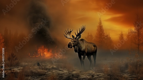 Against a backdrop of destruction  a moose stands tall