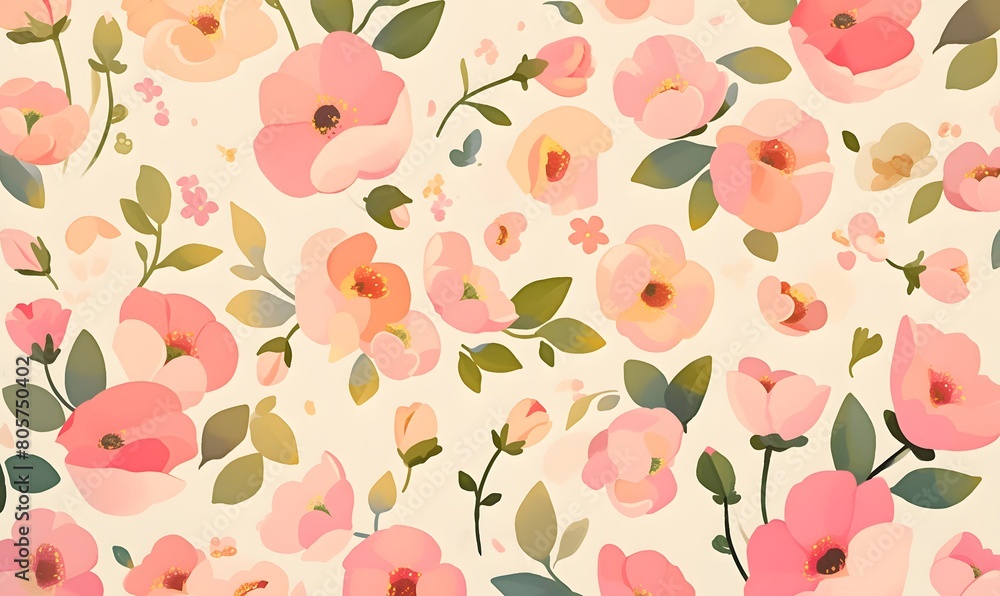 Fototapeta premium Pink flower green leaf pattern, Generative AI 