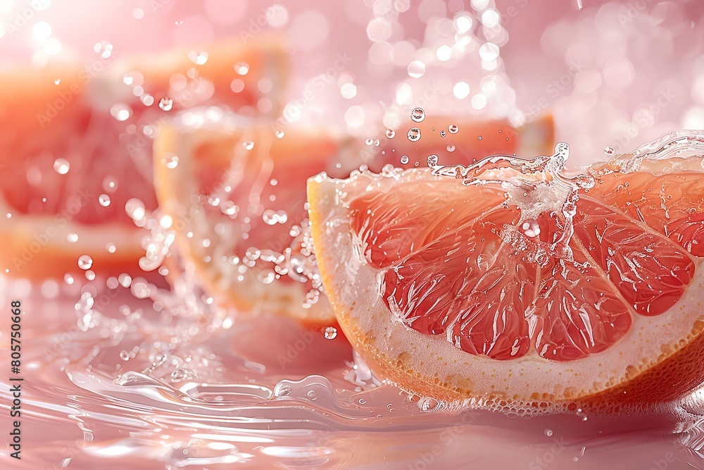 Pink grapefruit halves on pastel backdrop, a splash of water enhancing the fresh pink tones, perfect for vibrant health ads Pink grapefruit halves on pastel backdrop, a splash of water enhancing the fresh pink tones, perfect for vibrant health ads