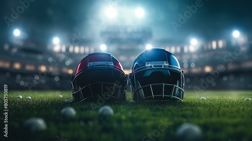 Two cricket helmets are positioned opposite each other on the cricket field. stadium lighting. Cinematic lighting. cricket ground, Sporty photo