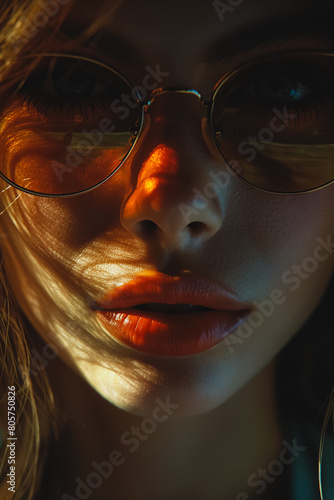 A woman with red lips and glasses is the main focus of the image