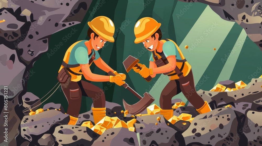 Two miners chiseling away in a gem filled cave Two miners chiseling away in a gem filled cave