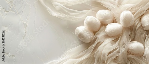 A top view and close shot of white cocoons over raw silk thread cloth with a big space for text or product advertisement backdrop, Generative AI. photo