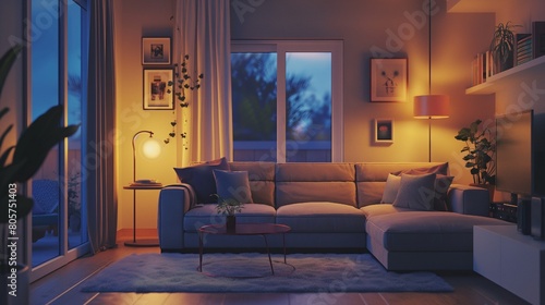 photorealistic depiction of a living room without a splash in a comfortable  well-lit house