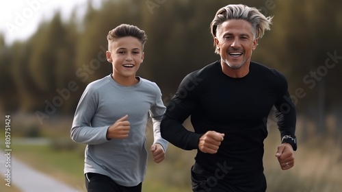 Positive man and son run together across green park in morning healthy father and offspring photo