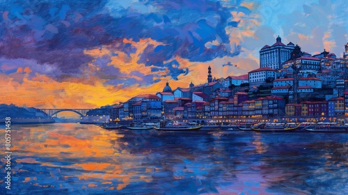 Porto Cityscape with Skyline at Dusk Through Claude Monet photo