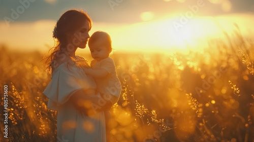 A woman holding a baby in a field with the sun shining on them