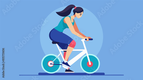 A woman slowly pedaling on a stationary bike with her leg in a brace to improve circulation and flexibility after knee .. Vector illustration
