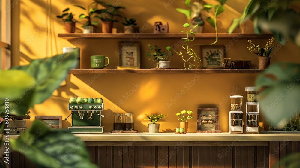 sunny day mustard color magic minimalist miniature coffee shop diorama, natural colors with deep warm wood and emerald green leafs1