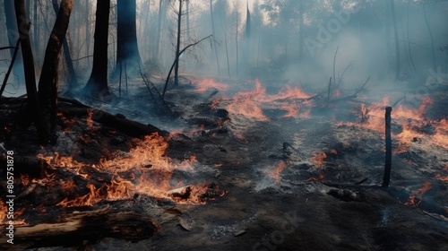 Documenting the relentless flames that consume the forest, showcasing the destructive power of fire in the wilderness.