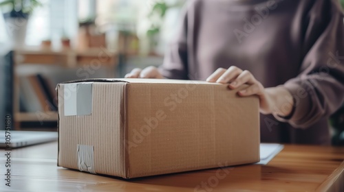 A close shot of an unrecognized person packing products in a carton with a big space over desk for text or product advertisement, Generative AI.