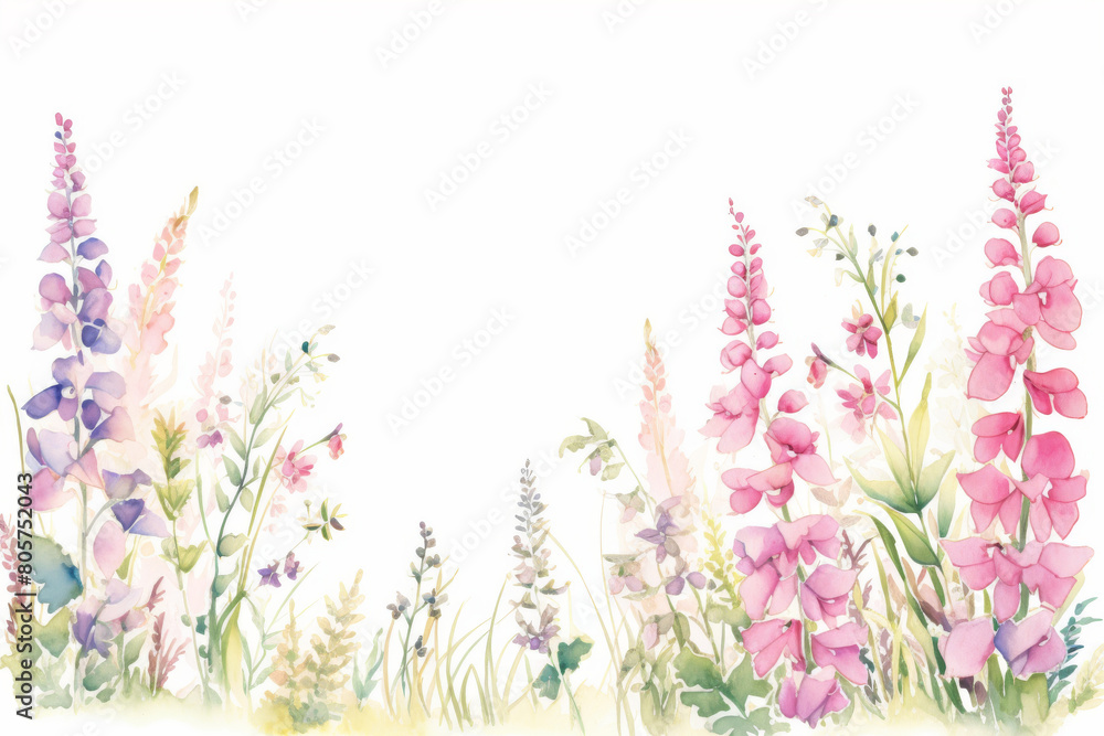 Soft and charming watercolor illustration of tall foxgloves and wild grasses, designed as a side panel for wedding cards, enhancing the romantic and pastoral charm of any invitation.