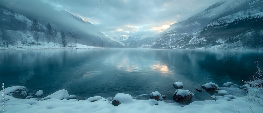 Fototapeta premium Cold Mountain Lake. Illustration On The Theme Of Nature And Landscapes, Ecology And Travel. Generative AI 