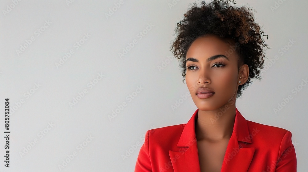 businesswoman in a bold, statement-making ensemble, her vibrant personality shining through against a simple white background businesswoman in a bold, statement-making ensemble, her vibrant personality shining through against a simple white background